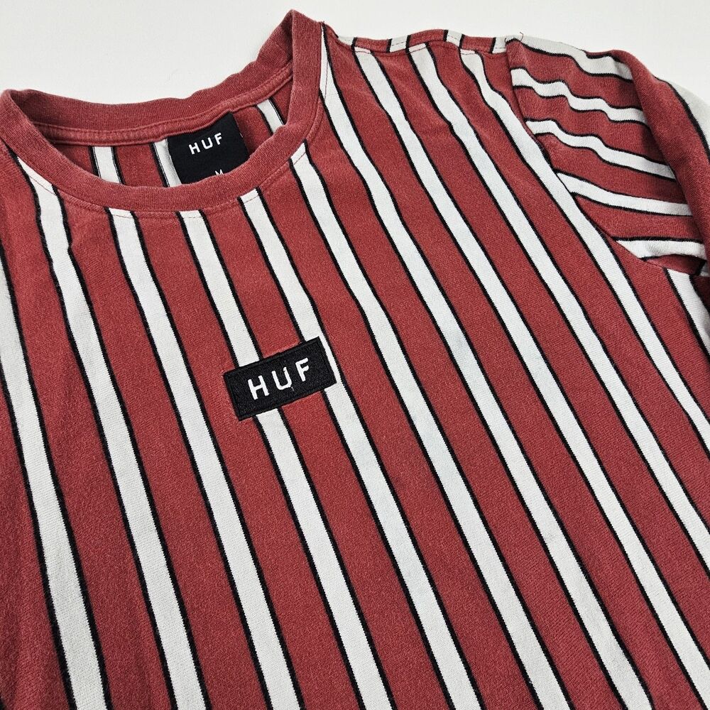 HUF Long Sleeve T Shirt Mens Medium Red White Black Vertical Stripe Skate Street